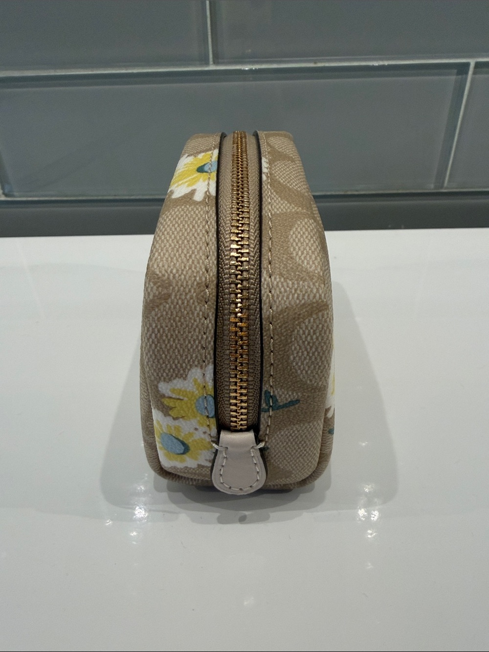 Coach Beige Floral Signature Cosmetic Pouch with Yellow Accents - Picture 2 of 8